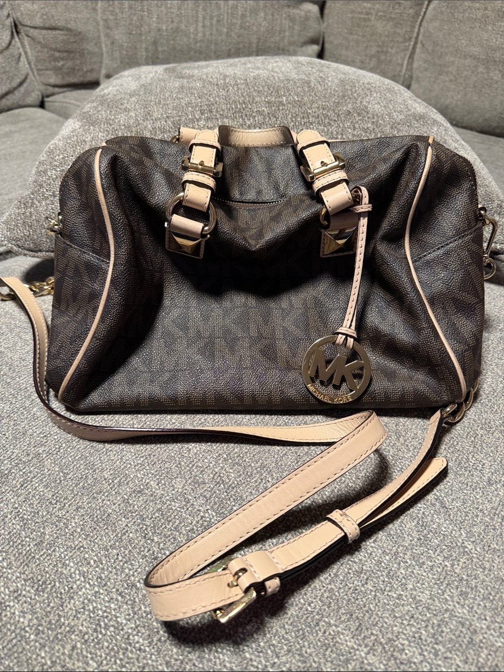 Michael Kors Dark Brown Logo Satchel with Light Beige Trim